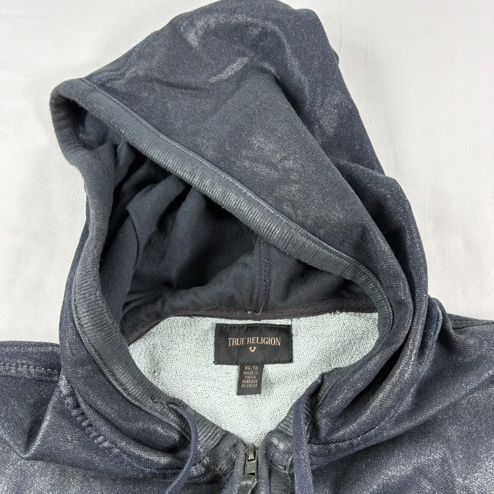 True Religion Hoodie Mens XL Blue Coated Full Zip Casual Jacket